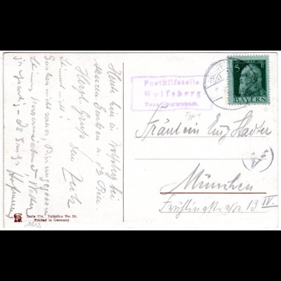 Bayern 1912, Posthilfstelle WOLFSBERG Taxe Obertrubach auf Karte m. 5 Pf.