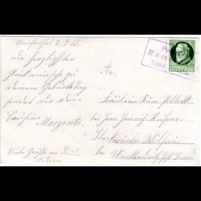 Bayern 1915, Posthilfstelle RAMSENTHAL Taxe Bindlach, Entwertung auf AK m. 5 Pf.