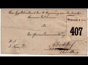 Bayern 1893, gr. Paketzettel v. BAYREUTH Stadt auf Begleitbrief n. Albertshof