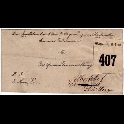 Bayern 1893, gr. Paketzettel v. BAYREUTH Stadt auf Begleitbrief n. Albertshof