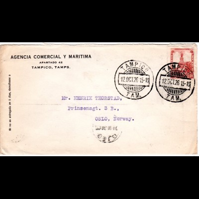 Mexiko 1926, 10 C. auf Firmen Brief v. Tampico n. Norwegen. Destination!