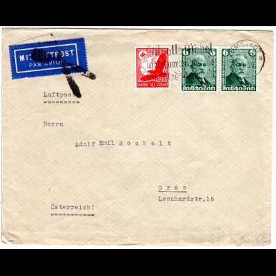 DR 1936, 10+2x6 Pf. auf Brief v. Darmstadt n. Graz m. Luftpostannullierungsstpl.