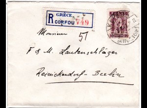 Griechenland 1912, 50 L. auf Einschreiben Brief v Corfou n. Reinickendorf-Berlin