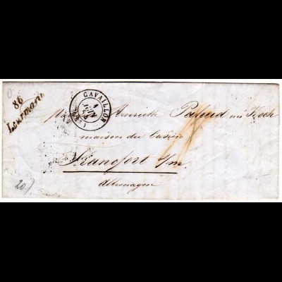 Frankreich 1854, L2 86 Lourmarin u. K2 Cavaillon auf Porto Brief n. Frankfurt