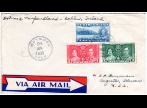Neufundland 1939, 3 Marken auf Erstflug Brief v. Botwood n. Irland