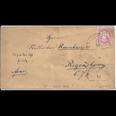 Bayern 1875, 3 Kr. WZ weite Welle, Mi. 33 auf Brief m HKS Markterlbach. #2355