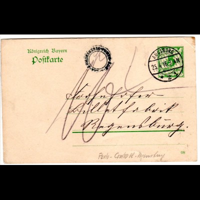 Bayern 1916, K2 Porto-Kontrolle Regensburg 2 auf 5 Pf. Ganzsache v. Augsburg