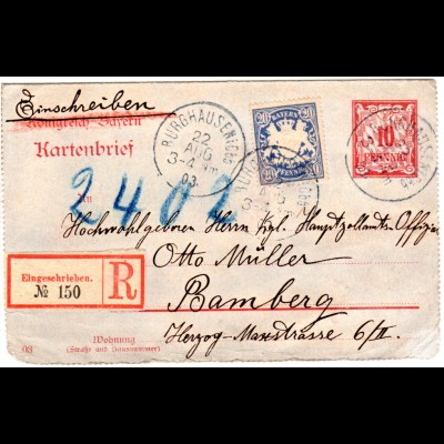 Bayern 1903, 20 Pf. Zusatzfr. auf eingeschr. 10 Pf. Kartenbrief v. Burghausen