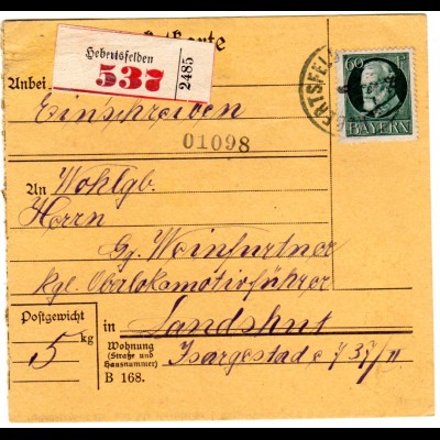 Bayern 1918, EF 60 Pf. Ludwig auf Einschreiben Paketkarte v. Herbertsfelden