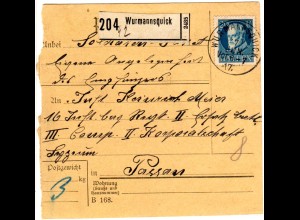 Bayern 1917, EF 20 Pf. Ludwig auf Soldaten-Paketkarte v. Wurmannsquick