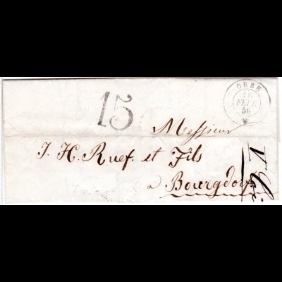 Schweiz 1856, Wappen-K2 ORBE auf kl. Brief m. Portostempel "15"