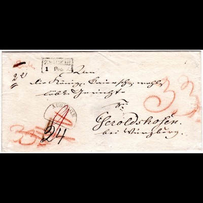 Sachsen 1839, R2 Zwickau u. Bayern Auslage-Stpl. auf Porto Brief n. Geroldshofen