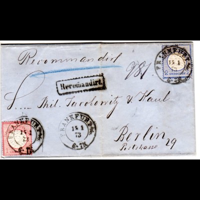 DR 1873, 1+2 Gr. gr. Brustschild auf Einschreiben Brief v. K2 Frankfurt A/O