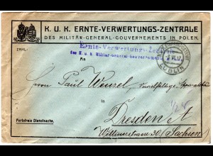 Österreich Polen 1917, portofreie Dienstsache v. Lublin n. Deutschland
