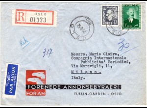 Norwegen 1952, 25 öre+1 Kr. auf Reko Luftpost Firmenbrief v. Oslo n. Italien