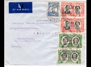 Süd Rhodesien 1947, 5 Marken auf Luftpost Brief v. Umtali i.d. Schweiz