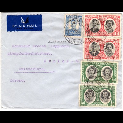 Süd Rhodesien 1947, 5 Marken auf Luftpost Brief v. Umtali i.d. Schweiz