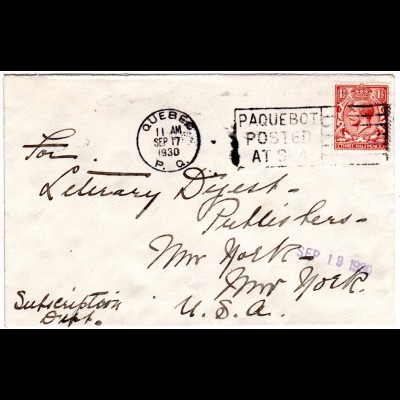 GB 1930, 1 1/2d on ship letter to NY with Quebec PAQUEBOT machine cancel