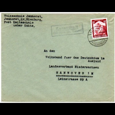 DR 1935, Landpost Stpl. KALTESCHALE über Uchte (Bz. Bremen) auf Brief m. 12 Pf.
