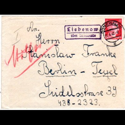 DR 1942, Landpost Stpl. LIEBENOW über Arnswalde auf Brief m. 12 Pf.