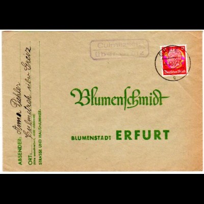 DR 1937, Landpost Stpl. CULMITZSCH über Greiz auf Brief m. 12 Pf.