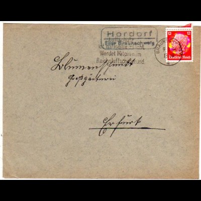 DR 1936, Landpost Stpl. HORDORF über Braunschweig auf Brief m. 12 Pf.