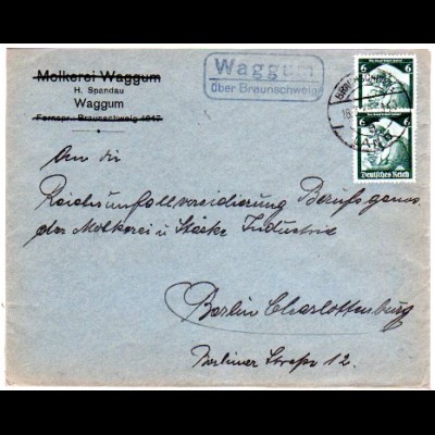 DR 1935, Landpost Stpl. WAGGUM über Braunschweig auf Molkerei Brief m. 2x6 Pf.