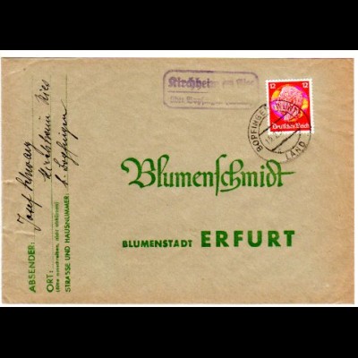 DR 1937, Landpost Stpl. KIRCHHEIM AM RIES über Bopfingen auf Brief m. 12 Pf.