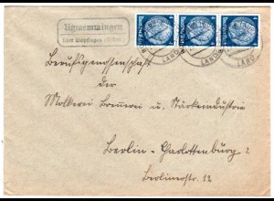 DR 1935, Landpost Stpl. UTZMEMMINGEN über Bopfingen auf Brief m. MeF 3x4 Pf.