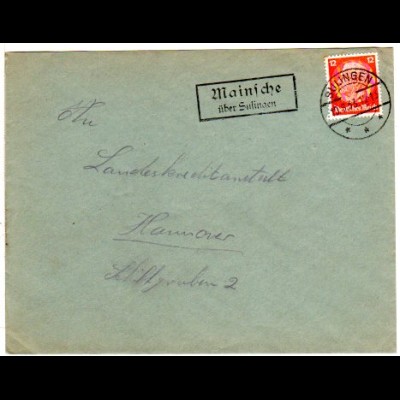 DR 1933, Landpost Stpl. MAINSCHE über Sulingen auf Brief m. 12 Pf. orange.