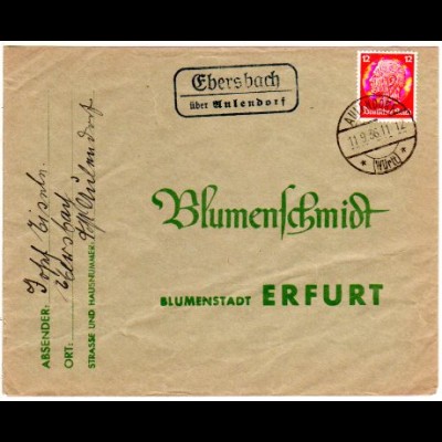 DR 1936, Landpost Stpl. EBERSBACH über Aulendorf auf Brief m. 12 Pf.