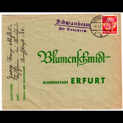 DR 1937, Landpost Stpl. SCHWANHEIM über Bensheim auf Brief m. 12 Pf.
