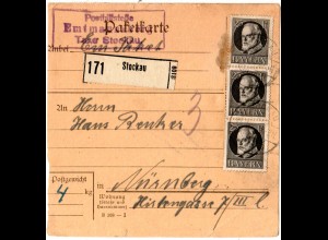 Bayern 1920, Posthilfstelle EMTMANNSBERG Taxe Stockau auf Paketkarte m MeF 25 Pf