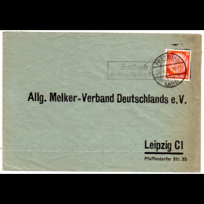 DR 1933, Landpost Stpl. SAUBACH über Freyburg (Unstrut) auf Brief m. 12 Pf. 