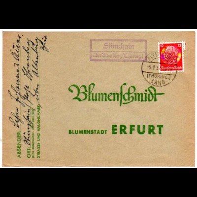 DR 1937, Landpost Stpl. STÜNZHAIN über Altenburg auf Brief m. 12 Pf. 