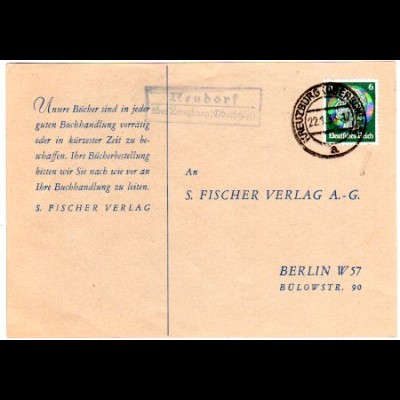 DR 1938, Landpost Stpl. NEUDORF über Kreuzberg auf Karte m. 6 Pf. 
