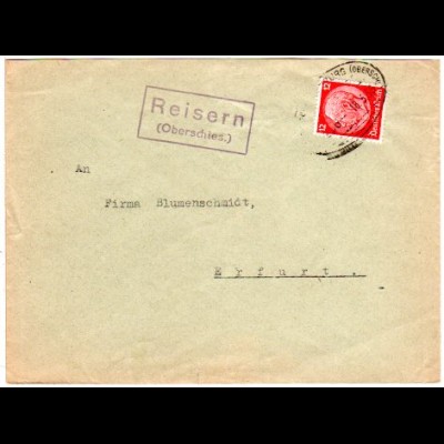 DR 1936, Landpost Stpl. REISERN (Oberschles.) auf Bahnpost Brief m. 12 Pf. 