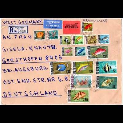 Tanzania 19-34, Fische, 16 Werte kpl. auf Luftpost Reko Express Brief 