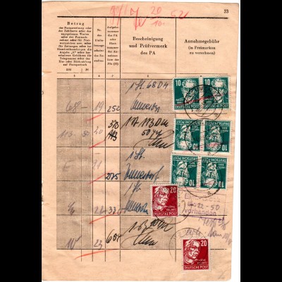DDR 1950, 8 Marken f. Gebühren auf Seite eines Posteinlieferungsbuches v. Loitz