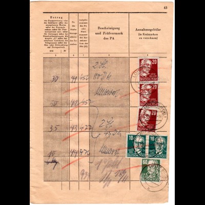 DDR 1952, 7 Marken f. Gebühren auf Seite eines Posteinlieferungsbuches v. Loitz.