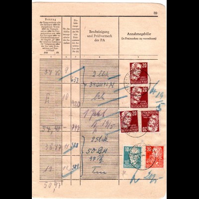 DDR 1950, 6 Marken f. Gebühren auf Seite eines Posteinlieferungsbuches v. Loitz