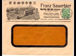 DR 1923, 40 Mk. auf illustriertem F. Sauerbier Firmen Umschlag v. Berlin
