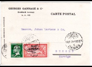 Damaskus 1924, 0 P.50+2 Pia. auf Firmen Karte n. Bergen, Norwegen