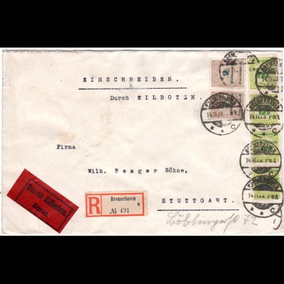 DR 1923, 2x2+4x10 Mia. auf Reko Express Brief v. Bremerhaven n. Stuttgart