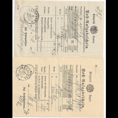 Bayern 1890/97, PASSAU I P.A. und 1.A.W. auf 2 verschiedenen Postscheinen. #2068