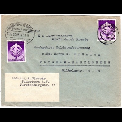 DR 1943, 2x6 Pf. auf Brief v. Paderborn m. Bahnpost Stpl. Hannover-Altenbeken