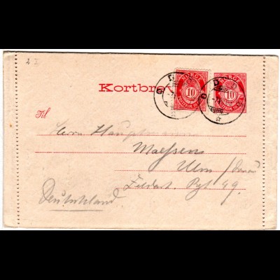 Norwegen K 2 I, 10 öre Kartenbrief Ganzsache m. Zusatzfr. v. Odda n. Württemberg