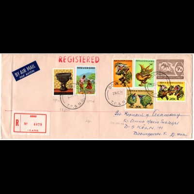 Papua Neuguinea 1971, 7 C. Ganzsache Brief m. 6 Marken Zusatzfr. u. Einschreiben
