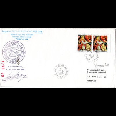 Frankreich Antarktis 1986, 2x2,20 Fr. auf Marion Dufresne Brief v. d. Kerguelen