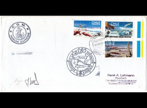 Chile Antarktis 1987, 3 Polarmarken auf Marion Dufresne Brief m. Unterschrift
